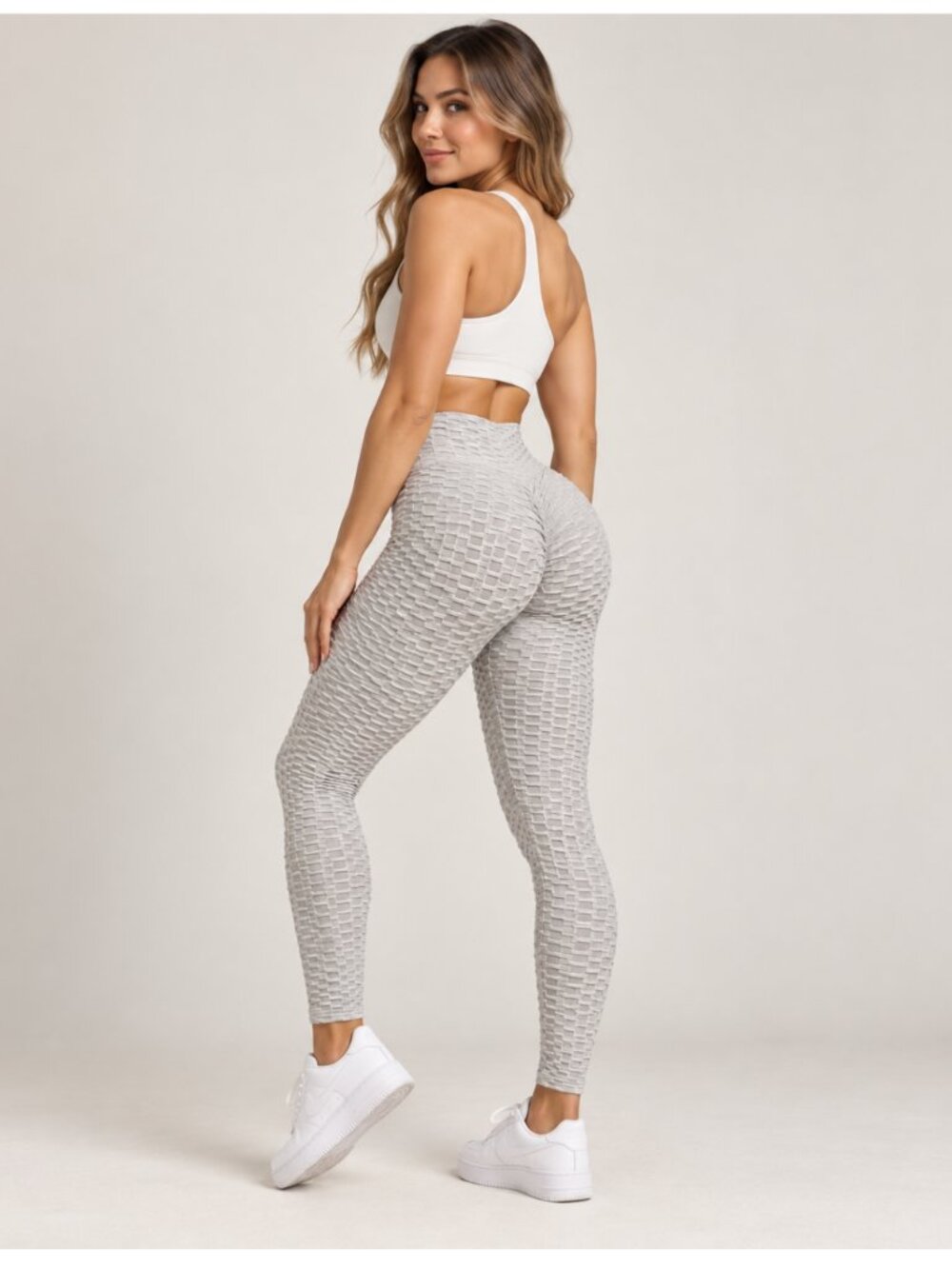 Textured Cinched Booty Leggings Light Gray High Rise Stretchy Gym Yoga